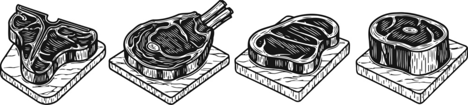 Illustrated variety of raw meat cuts on wooden boards, vintage engraved butchery collection