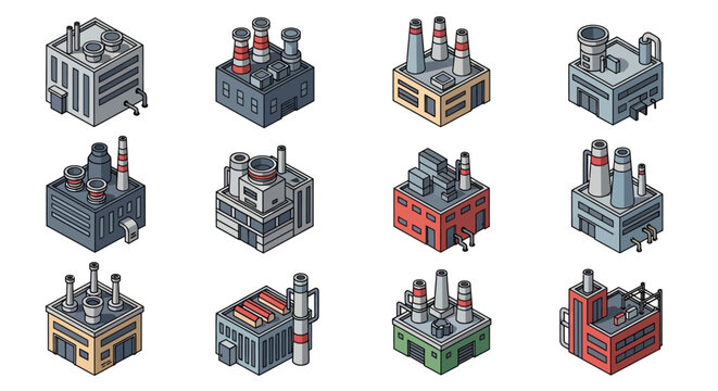 Set of isometric industrial factory building icons, perfect for urban planning and game design assets