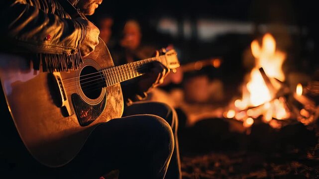 Playing guitar by the campfire at night with friends and enjoying music, warmth, and good company during an outdoor gathering