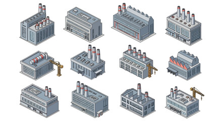 Fototapeta premium Collection of Isometric Industrial Buildings and Factory Structures