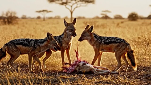Jackals consuming a kill in a savanna setting with scattered trees under a golden sky