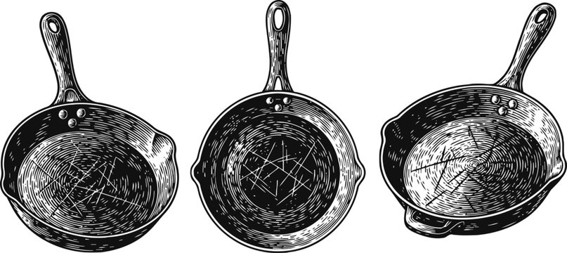 Vintage frying pans set hand drawn cast iron skillets with textured surfaces and wooden handles