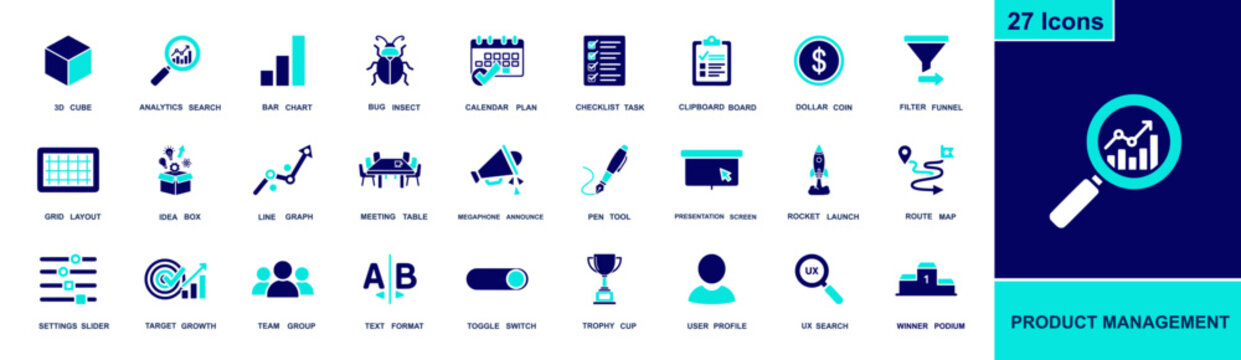 Product management icon set. Containing analytics, roadmap, A/B test, calendar, checklist, meeting, rocket, charts, UX search, funnel, team and more. Solid fill vector icons collection.