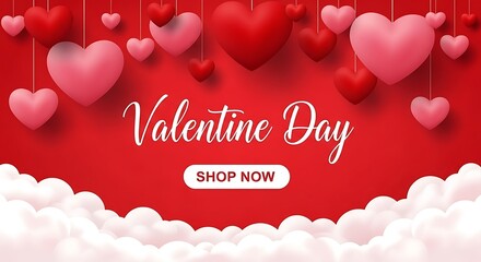 Romantic valentine's day promotional banner featuring hearts and a shop now button