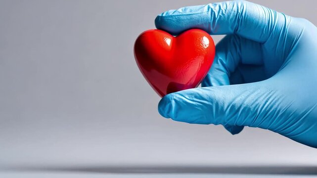 The Heart in Hands: a hand in a medical glove delicately holds a vibrant, red heart against a subtle, clean background, symbolizing care, health, and the essence of life.