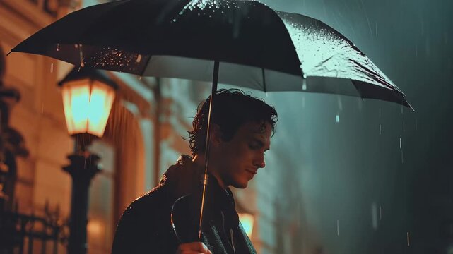 Man stands under an umbrella in the rain on a city street during the night with glowing street lamps illuminating the surroundings