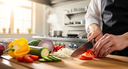 Chef preparing fresh vegetables in a bright kitchen setting.