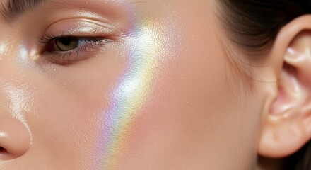 Fototapeta premium Close-up of a womans face with a rainbow light effect.