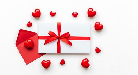 Elegant gift package surrounded by heart-shaped decorations on a white background