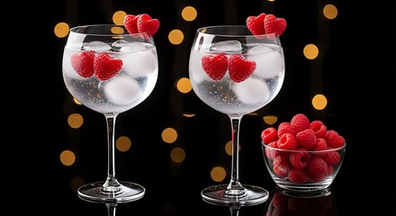 Elegant champagne glasses with roses and a bowl of fresh red berries