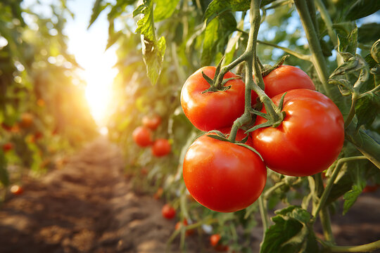 Ripe red tomatoes growing on vine in greenhouse