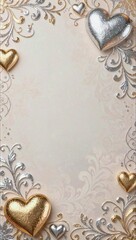 Luxurious decorative background with metallic gold and silver 3D hearts and intricate filigree patterns ideal for high-end wedding stationery.