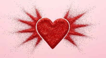 A vibrant heart shape bursting with red sparkles against a soft pink background