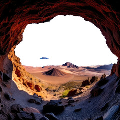 Cave mouth framing a distant planetary landscape