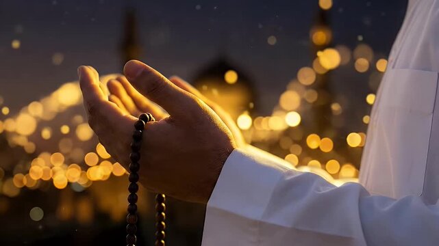 Muslim hands holding prayer beads in supplication at night.