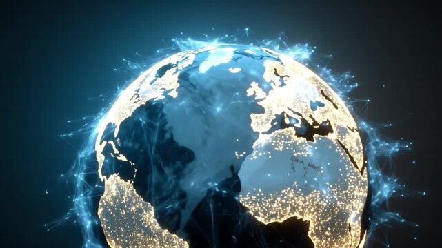 Global Network: An abstract illustration of planet Earth at the center, enveloped by glowing energy bursts, symbolizing interconnected global networks and technological advancement.