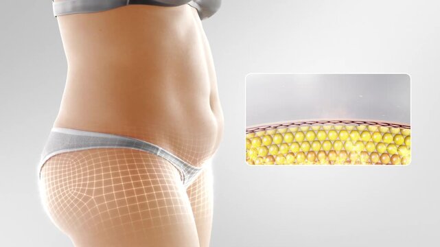 Woman lose weight by burning belly fat, fat cells burning, obese people become slimmer, fitness and body shaping, body management solution,close-up of waistline reduction.3D rendering. Alpha channel.	