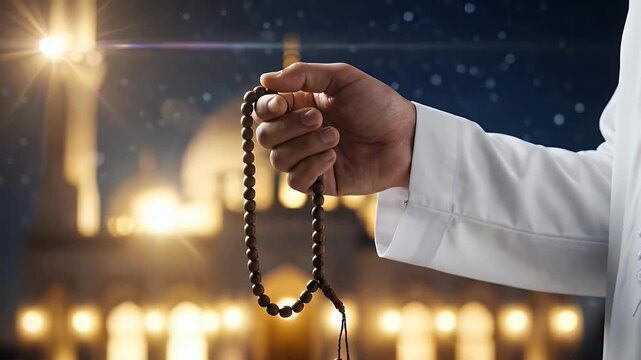 Muslim man holding prayer beads for dhikr in front of a mosque at night.