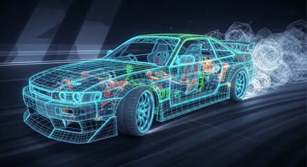 Racing Car Wireframe Digital Illustration. © lezat
