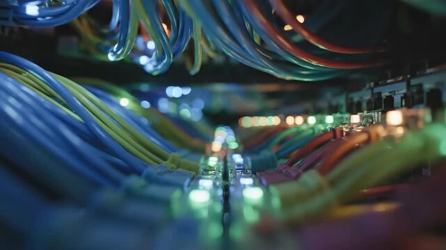 Cinematic close-up of colorful ethernet cables connected to a network switch with blinking LED lights in a dark server room environment
