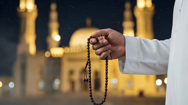 Muslim Man Holding Tasbih Prayer Beads at Al Masjid an Nabawi Mosque at Night.