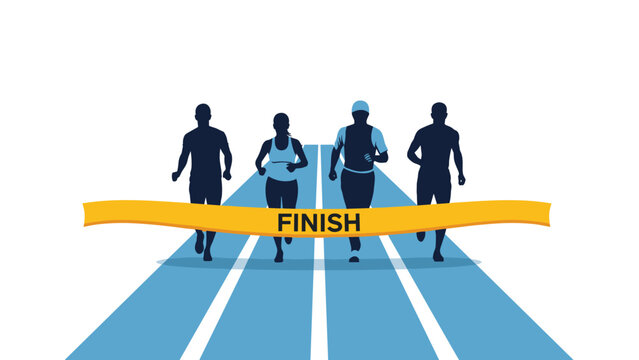 Diverse runners approaching golden finish line on athletic track representing competition and final push for professional or personal victory.
