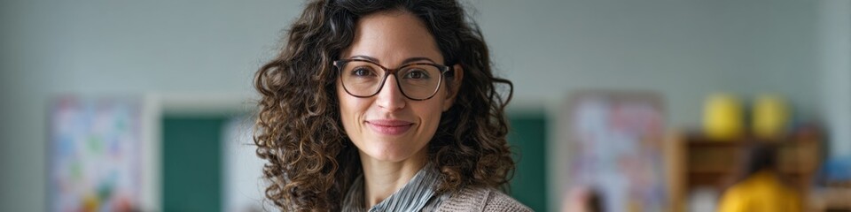 Obraz premium Smiling female teacher with curly hair in classroom setting