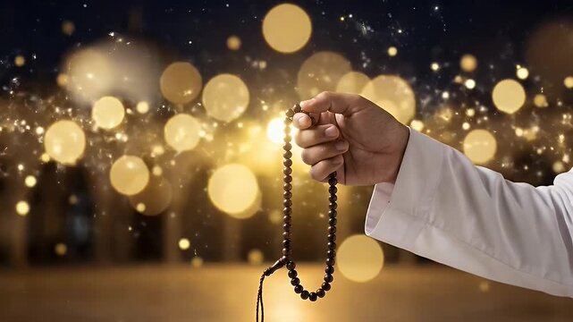 Muslim Man Holding Tasbih Prayer Beads During Ramadan Celebration.