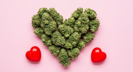 A heart-shaped arrangement of broccoli with small red cherries on pink background.