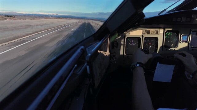 Immersive pilot POV in a real time rotation and airborne from the runway, with a view of pilot hands pulling the flight controls