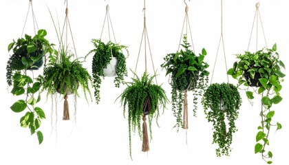 Fototapeta premium Green hanging house plants isolated on white, set