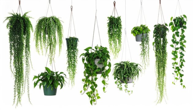 Green hanging house plants isolated on white, set