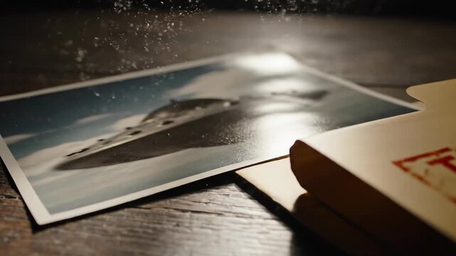 Top Secret Document Folder with UFO Photo and Flying Particles