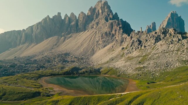 A peaceful view of Lakes of Piani amid majestic Dolomites, Italy