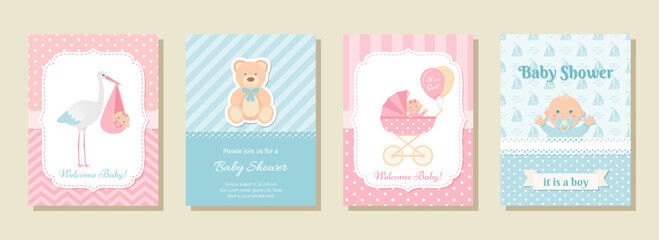 Fototapeta premium Baby Shower invite background. Baby boy and girl birth party card. Welcome template. Blue pink layouts of invitation banner. Happy holiday poster. Cute greeting flyer. Vector illustration. Flat design