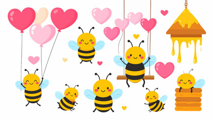 Cartoon bees swinging on heart-shaped balloons near a dripping honeycomb with hearts floating around