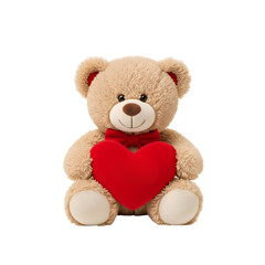 Fototapeta premium Brown Teddy Bear Holding Large Red Heart with Red Bow Tie, Cute Plush Toy for Valentine's Day Gift and Romantic Love Celebration, Isolated PNG Cutout