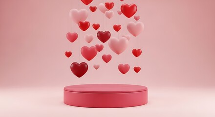 Floating hearts emerging from a pink pedestal in a soft pink gradient background