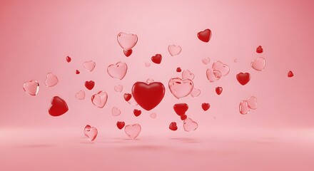 Floating hearts in a dreamy pink space with sparkling effects