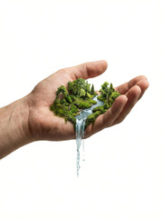 Hand h&auml;lt Miniatur-Landschaft mit Wald und Wasserfall