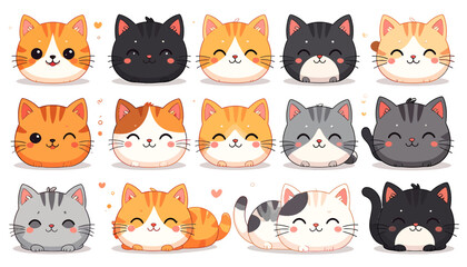 Collection of cartoon cats with various expressions and colors displayed together in a grid layout on a plain surface viewed from directly above