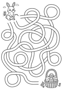 Maze activity sheet for children. Cute maze for kids. Kids labyrinth puzzle. Maze puzzle game for children with cute rabbit illustration.