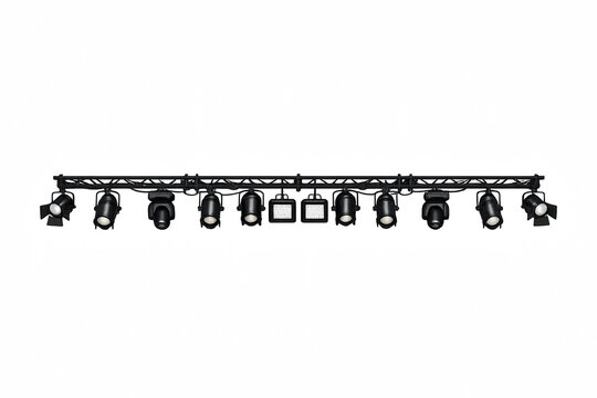 Concert lighting setup on truss with spotlights and floodlights against dark background