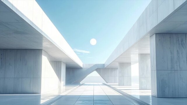 Minimalist architectural view featuring light and shadow play, with a sky framing the scene