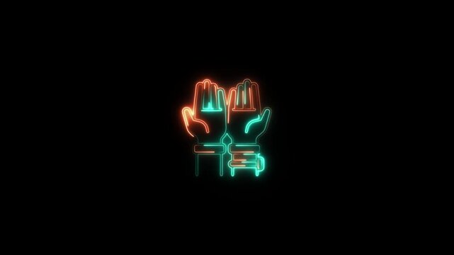 Neon outline of hands clasped together in prayer or supplication glowing orange and teal against a dark black background abstract concept of hope