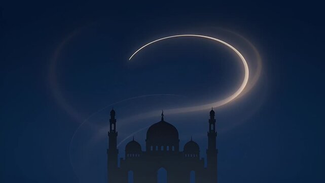 Silhouette of a mosque under the moon's arc in the night sky