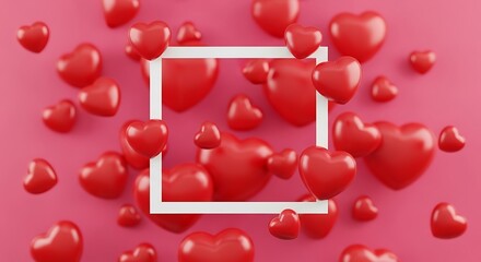Scattered red heart shapes forming a white outlined square against a pink background
