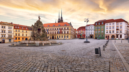 Brno - panorama of Zeleny trh square at dramatic sunset, Czech Republic