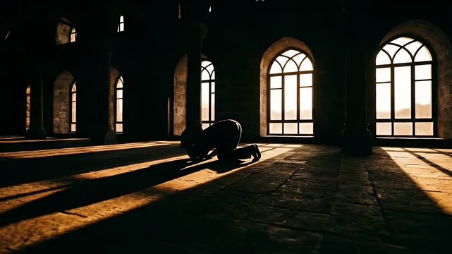 Silhouette of a Muslim Man Praying in a Grand Mosque at Sunrise.