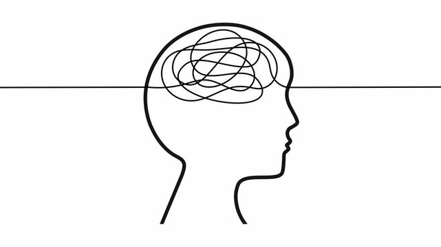 For mental health, brain disorder, World mental health day, Alzheimer, Psychology concept. animated video of human head with Tangle of thoughts on white and green screen, 4K animation